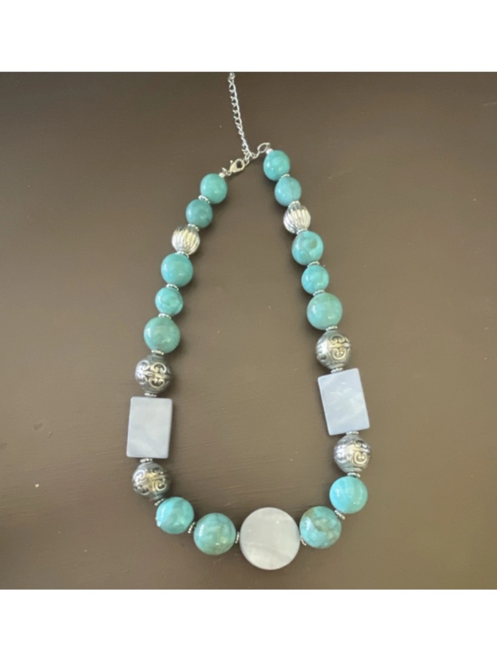 Turquoise Silver Tone Beaded Statement Necklace Adjustable Lobster Clasp